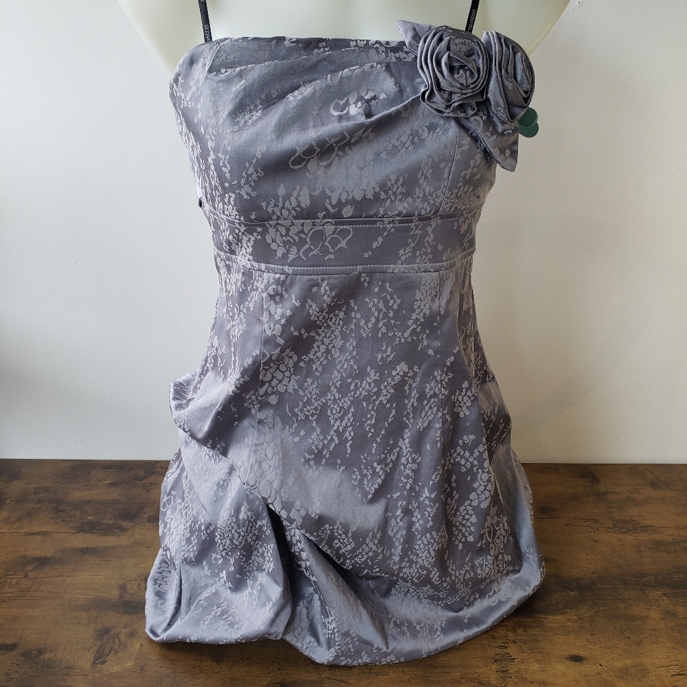 Silver soft grey bubble ballon skirt dress lined w white botanical floral print